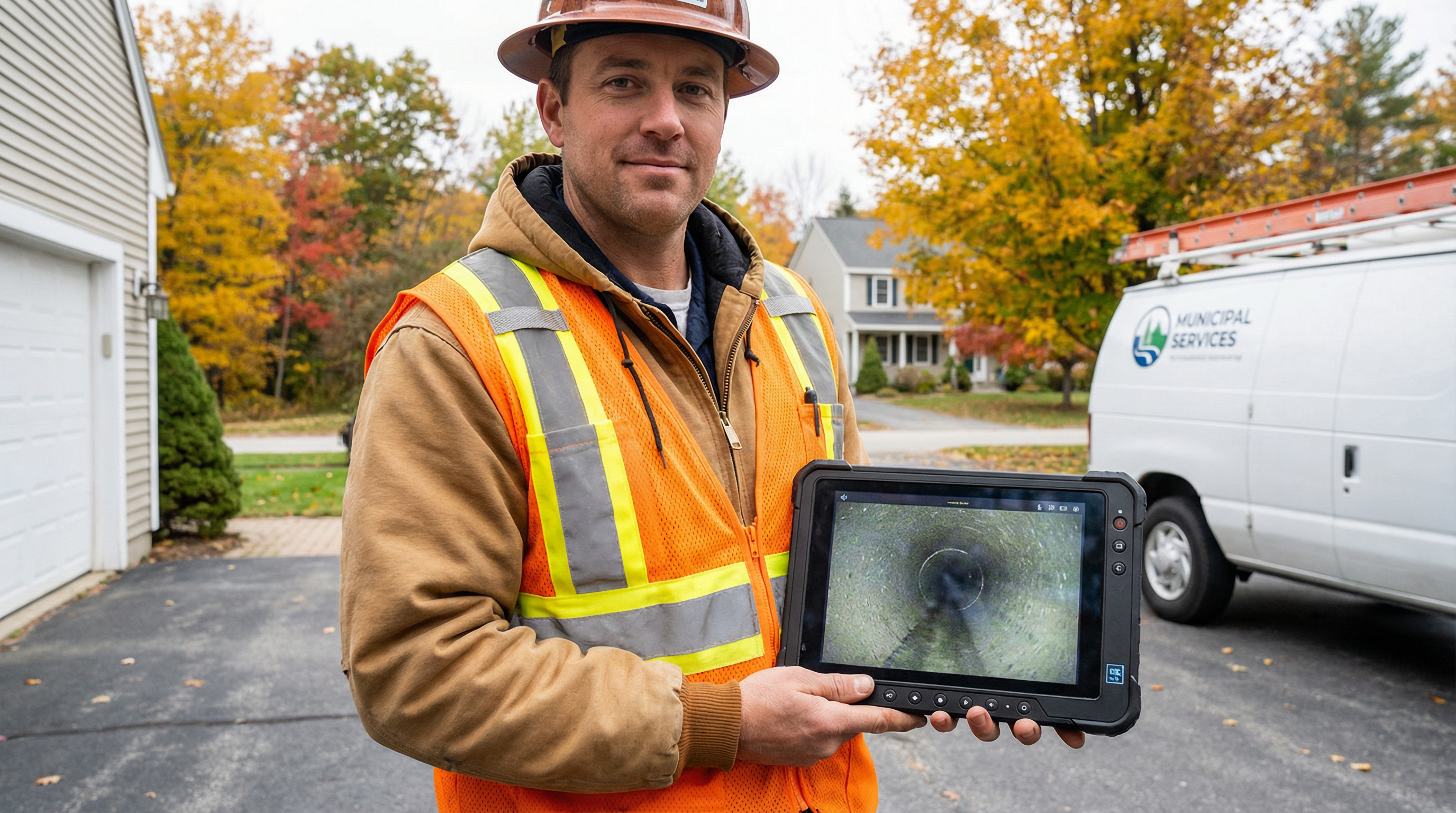 Technician inspecting sewer line